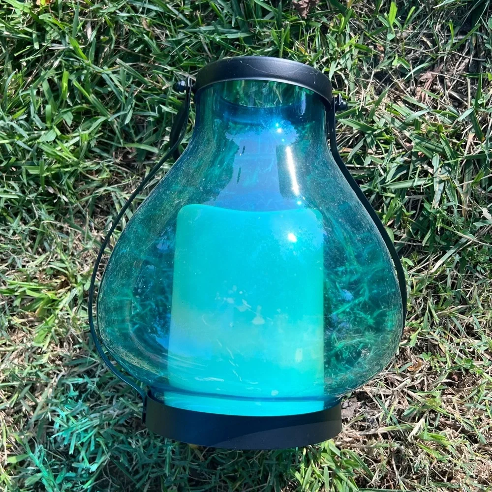 Blue Glass Lantern with Candle